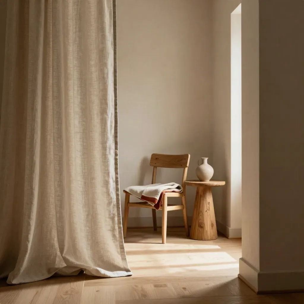 Gemütliche Schlafzimmer-Ecke mit Holzstuhl, Leinenvorhang, Beistelltisch und Karaffe.