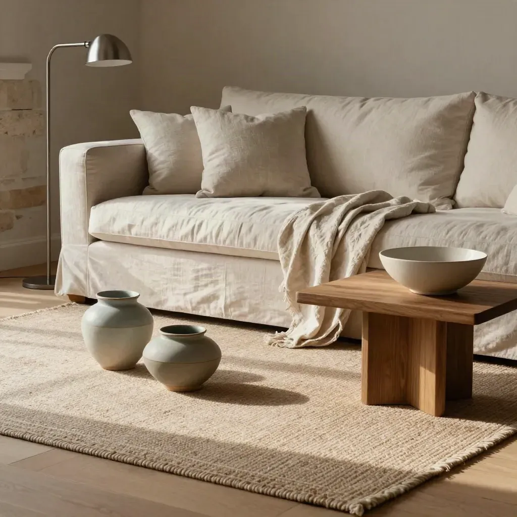 Wohnzimmer mit Sofa, Teppich, Lampe und Keramik im aufgeräumten, ruhigen Moment.