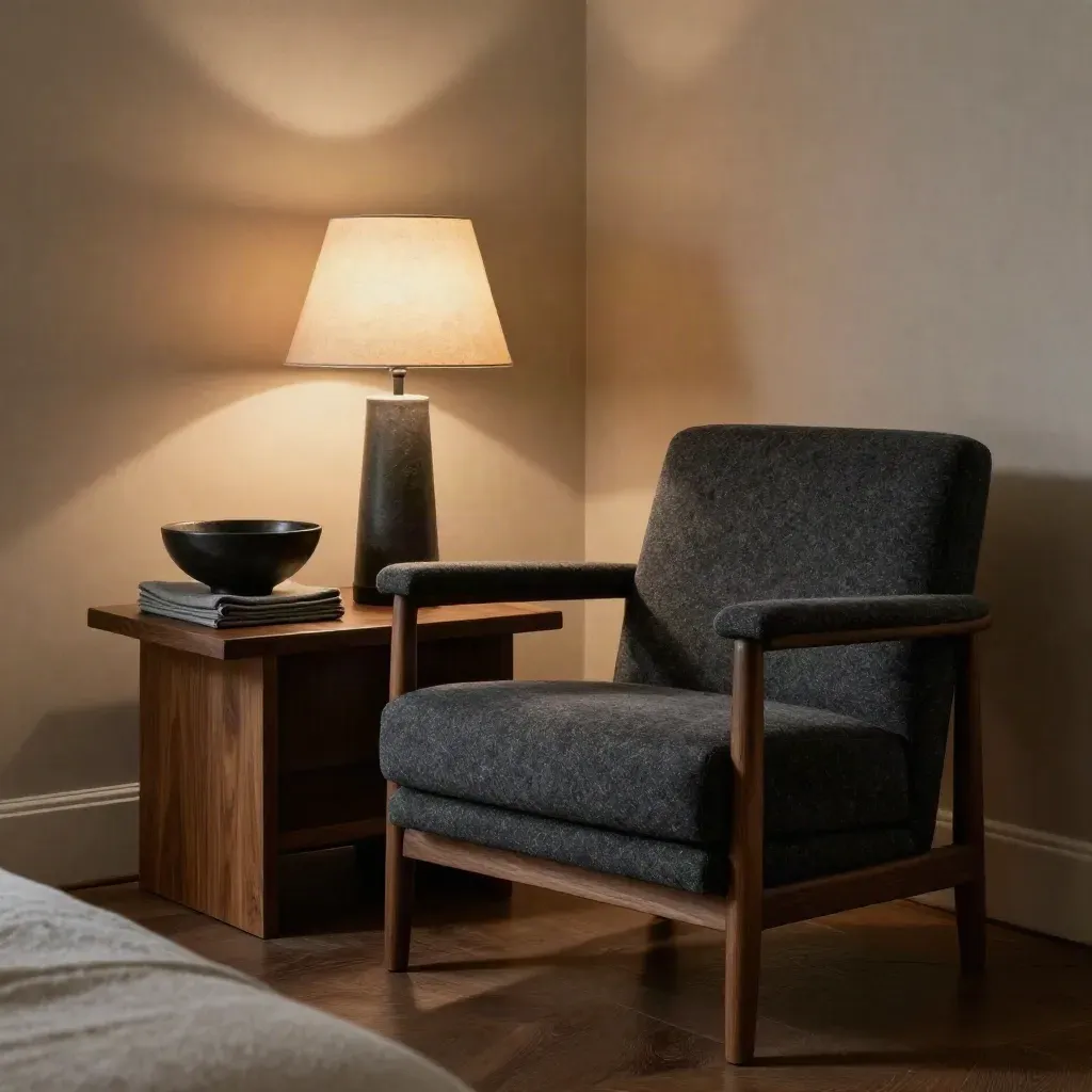 Dunkle Wohnzimmerecke mit Charcoal-Sessel, Walnuss-Tisch, Lampe und Stoffstapel.