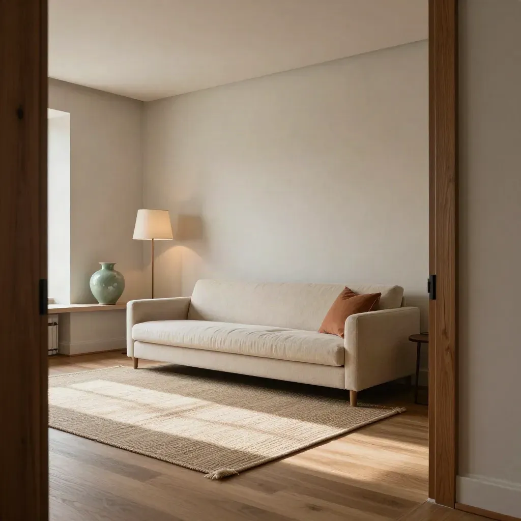 Helles Wohnzimmer mit Teppich, Stehlampe, Sofa und einer schlichten Vase in Salbeigrün.