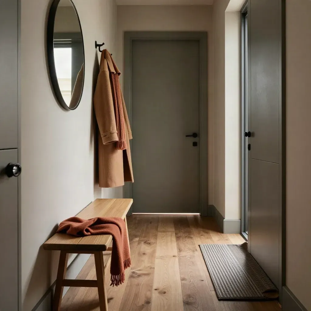 Flur mit Bank, Haken, Spiegel, Schrank und laufendem Morgenlicht.