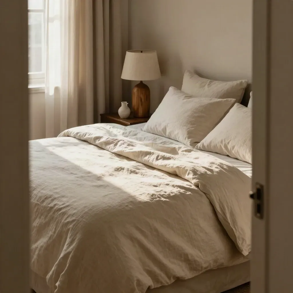 Ruhiges Schlafzimmer mit Leinenbett, Lampe, Vorhang und Karaffe im warmen Abendlicht