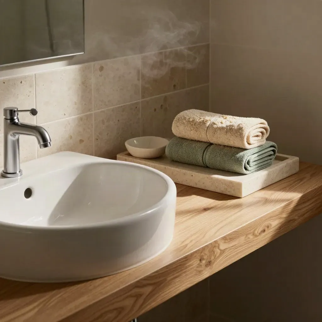 Badezimmerbecken mit Eichenablage, Seifenschale und salbeigrünen Handtüchern im warmen Dunst.