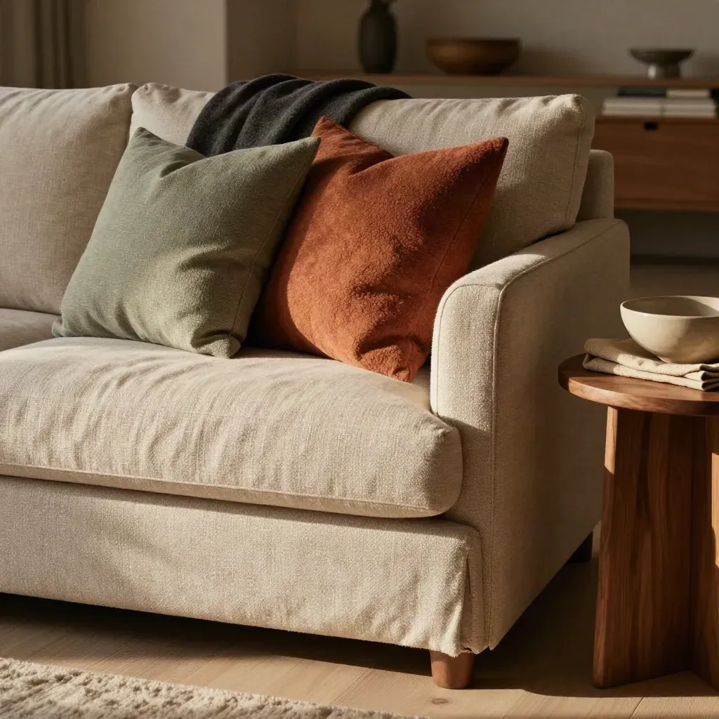 Sofaecke mit drei Kissen in Sand, Salbei und Terrakotta neben Wollplaid und Holztisch.