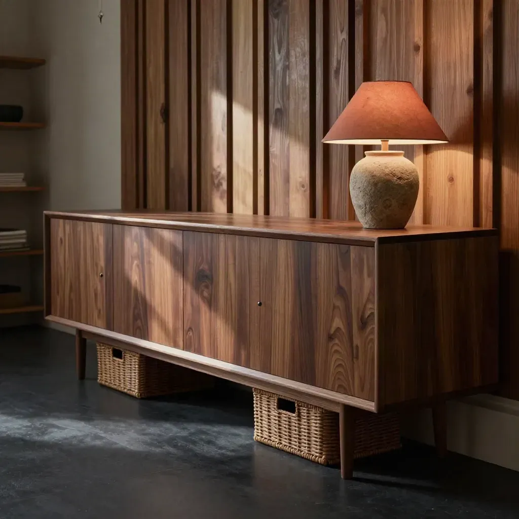 Walnuss-Sideboard mit Eichenlamellen, Steinlampe und Körben im warmen Abendlicht