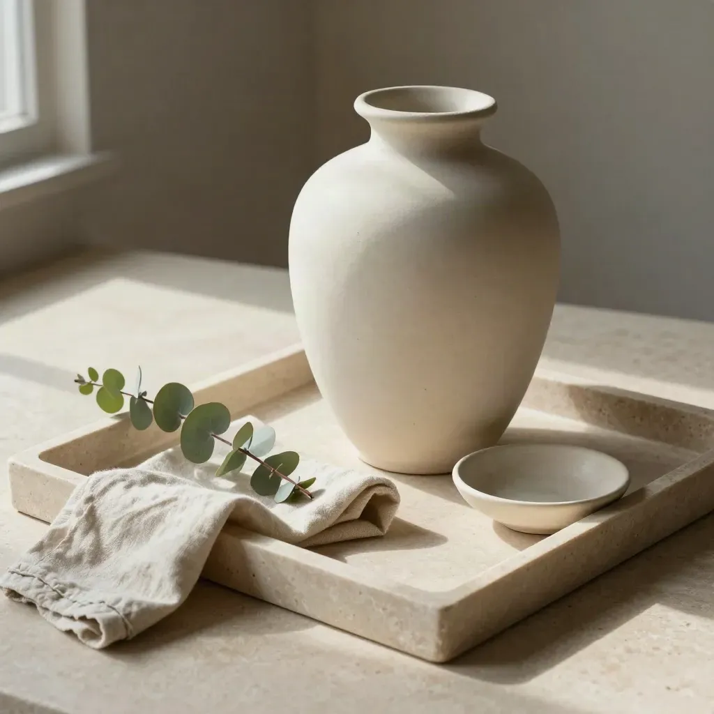 Ivoryfarbene Keramikvase auf Steintablett mit Leinen, Eukalyptus und Schale