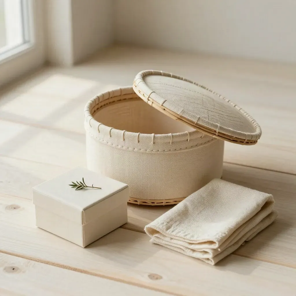 Seagras-Korb mit Canvas-Boxen, Tuch und Pflanzensprig auf hellem Holz