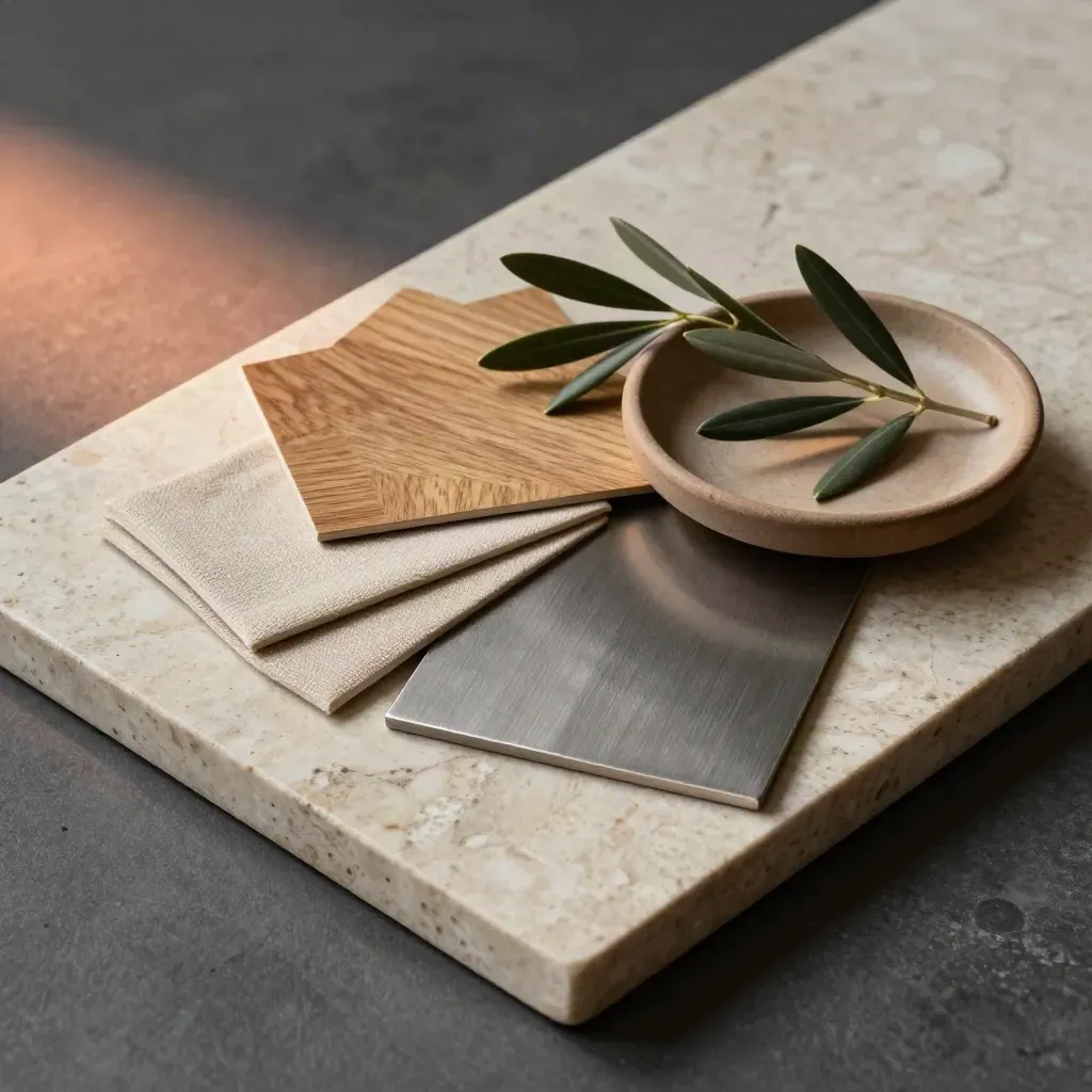 Materialmuster aus Holz, Leinen und Metall auf Travertin mit Tonschale und Zweig.