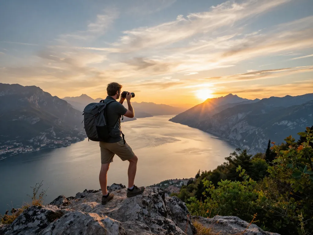 Faszinierender Sonnenuntergang am Gardasee mit einem Reisenden, der bereit ist, Erinnerungen festzuhalten, verkörpert Gardasee Reisetipps.