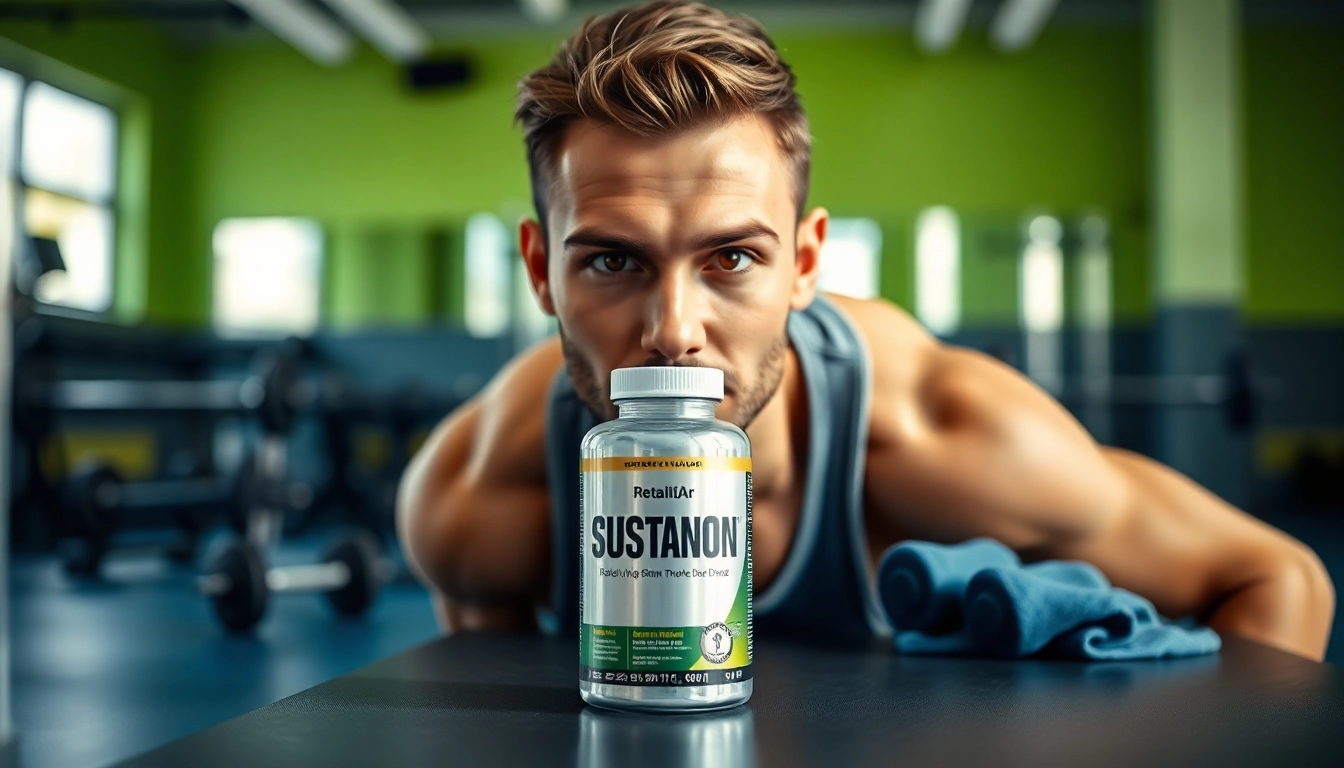 Jetzt sustanon kaufen: Motivierter Fitnessenthusiast mit Fokus auf das Produkt in einem modernen Gym.