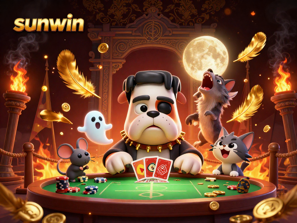 Experience the thrill of gaming with sunwin at this vibrant casino scene, featuring a Frankenstein bulldog and a ghost mouse.