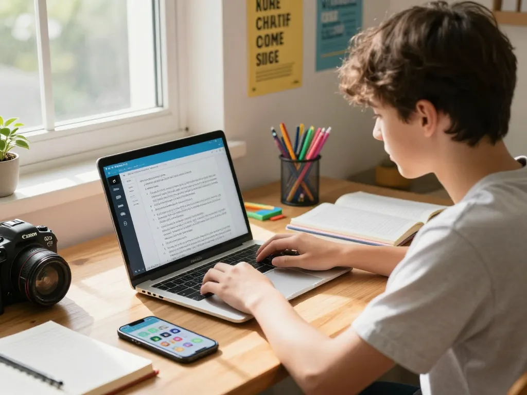 Schüler verwendet eine Hausaufgaben Scanner-App auf einem Laptop an einem Studiertisch.