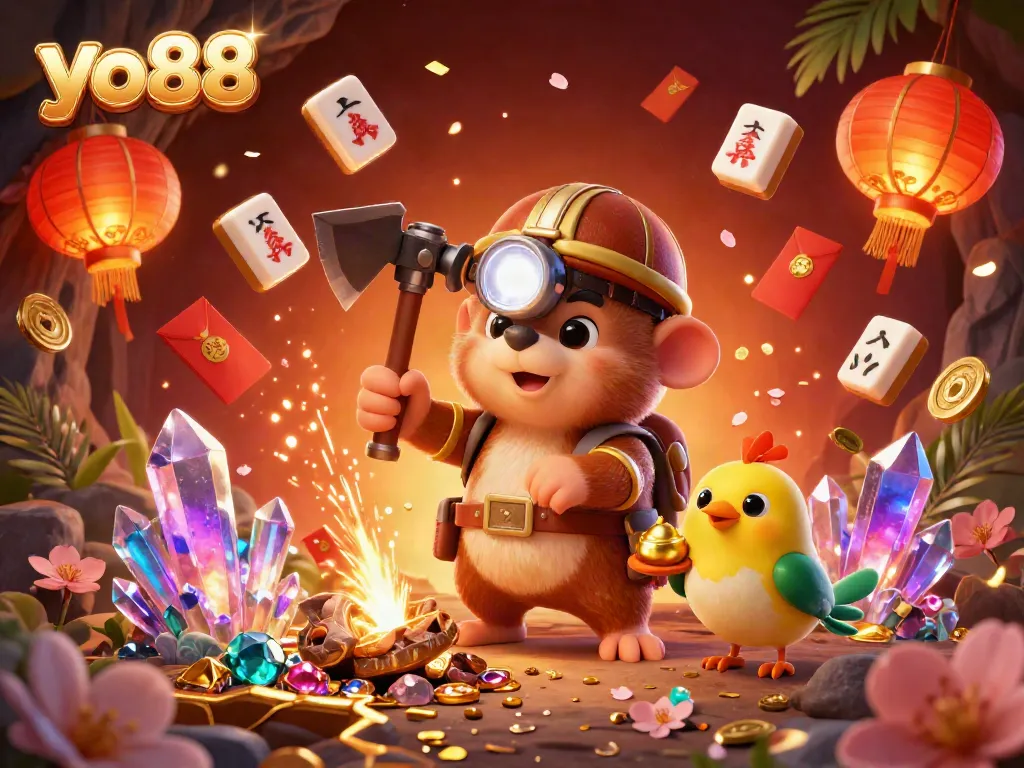 Experience the thrill of yo88 with dynamic illustrations showcasing treasure hunting and vibrant casino elements.