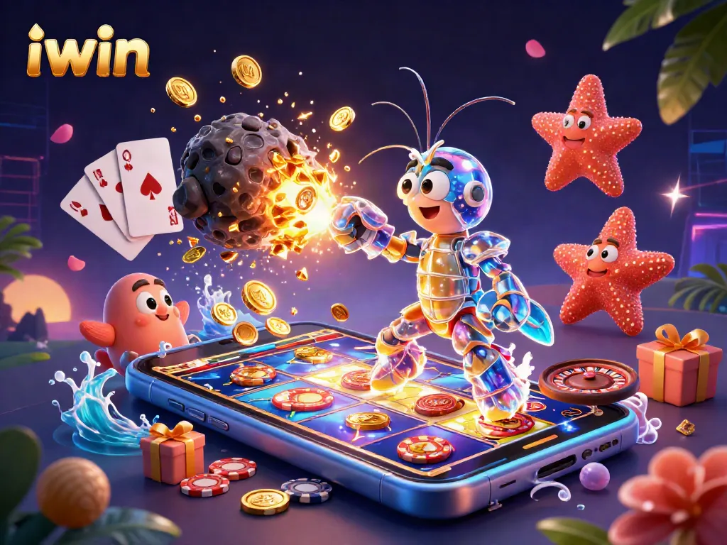 iwin features a vibrant scene with a samurai mantis shrimp amidst golden gems and casino elements.