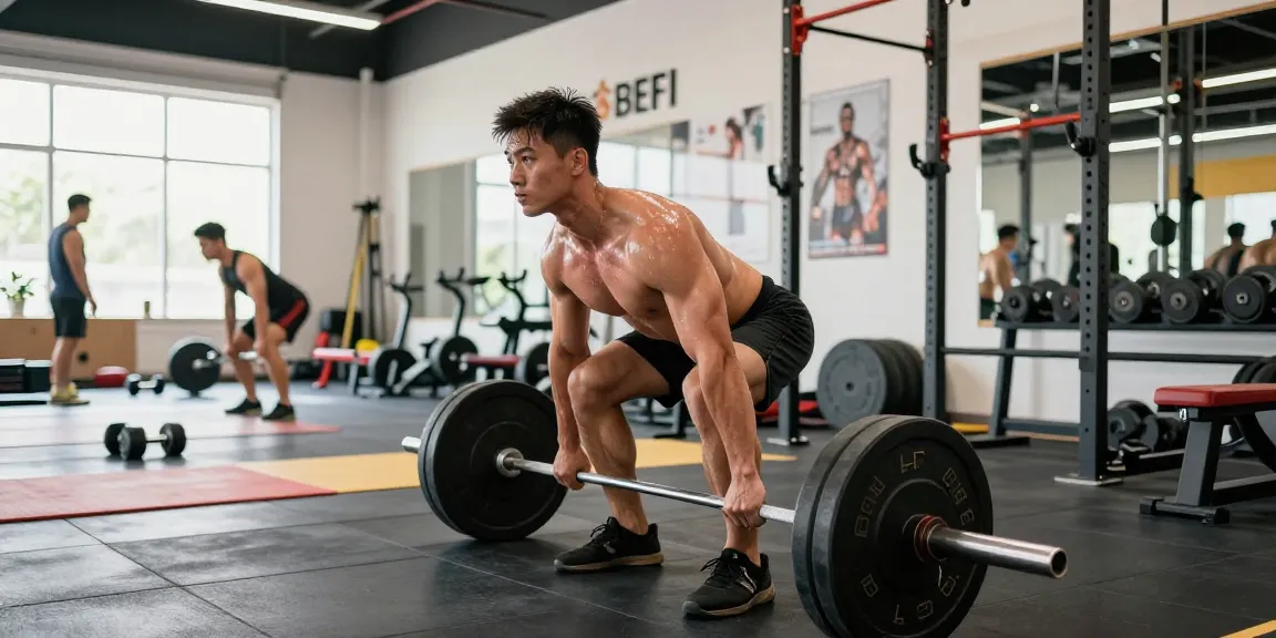 Steroidshop: Bodybuilder beim Training in einem modernen Fitnessstudio, umgeben von Geräten, Licht und motivierenden Postern.