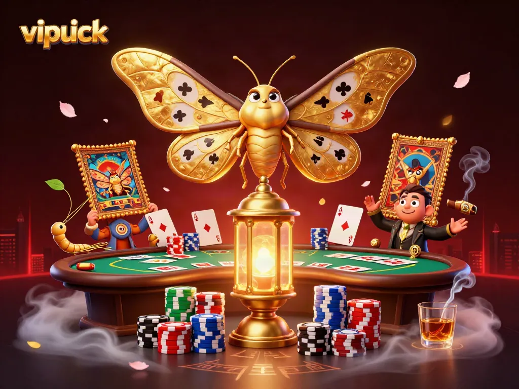 Engage with vibrant casino elements in vipluck's enthralling 3D illustration featuring a whimsical moth.