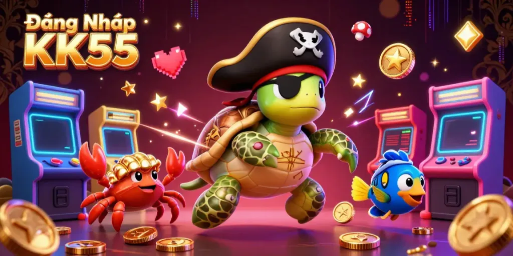 Engage in Đăng Nhập KK55 with a vibrant casino-themed scene featuring playful 3D characters and arcade elements.