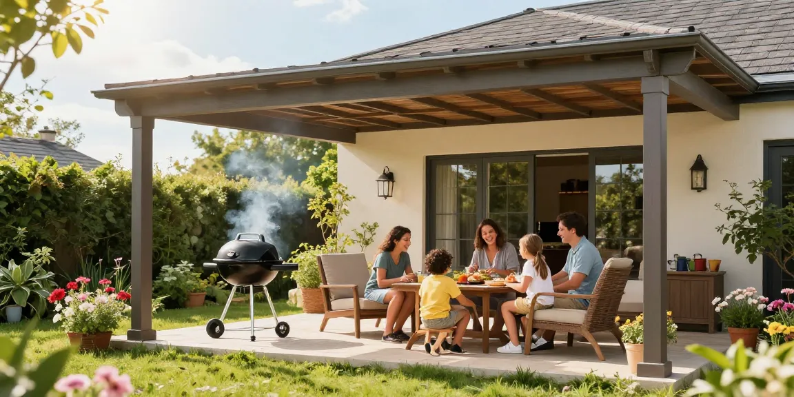 Freistehende Terrassenüberdachung mit Familie im Garten, Sommerfeeling und gemütlicher Atmosphäre.