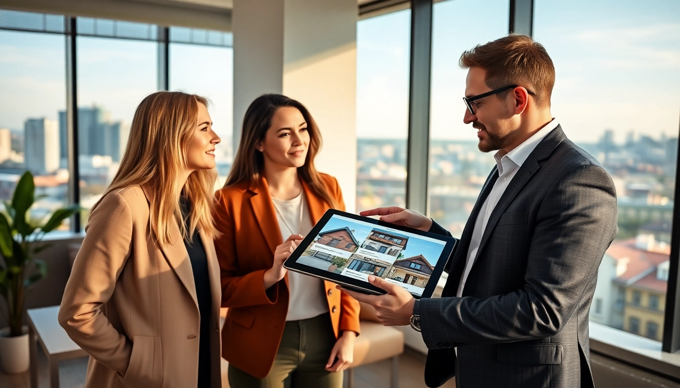 Immobilienmakler Frankfurt Eschersheim berät ein junge Paar in einem modernen Büro.