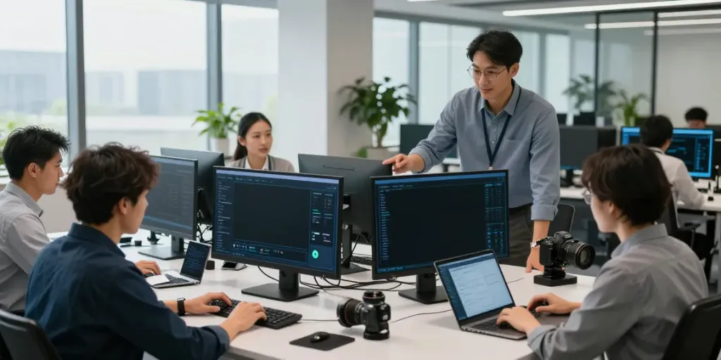 IT-Service Frankfurt Team diskutiert Sicherheitsstrategien in modernem Büro