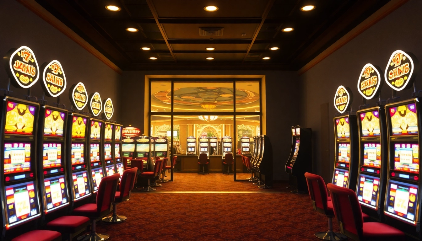 Erlebe den Bonus Casino Spaß mit einem einladenden Online-Casino-Ambiente voller leuchtender Spielautomaten.