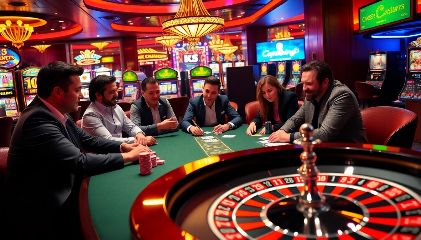 KJC poker players strategizing at a luxurious casino table with vibrant slot machines in the background.