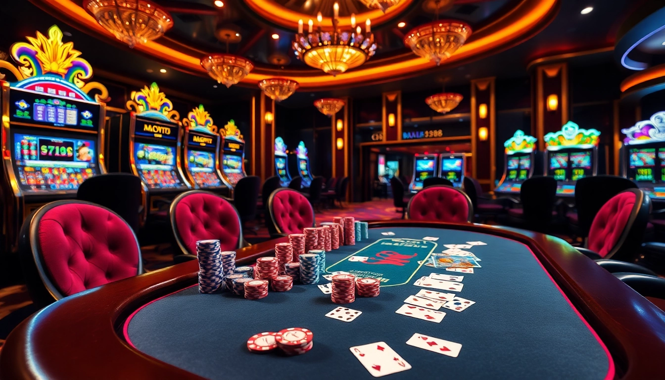 Engage in thrilling BJ388 online gambling with vibrant casino tables and poker chips.