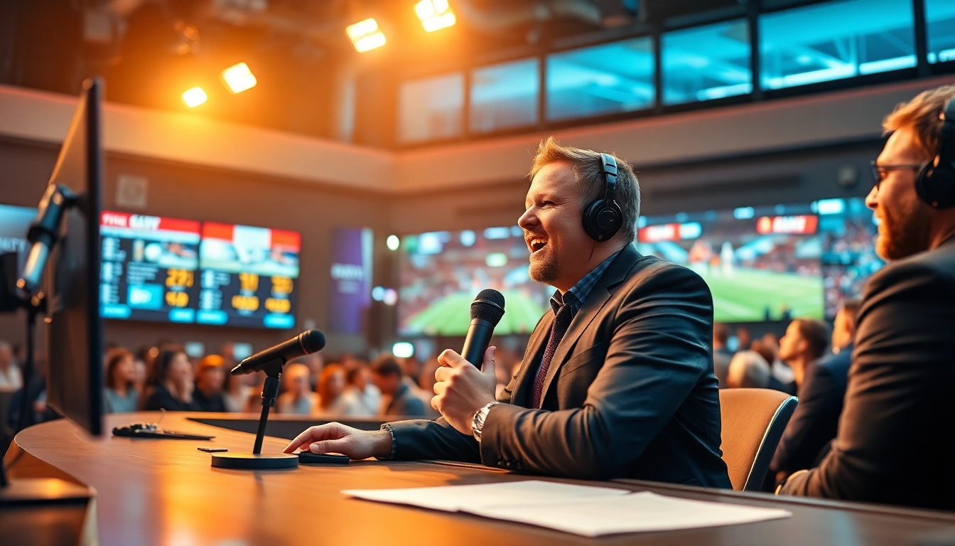 Engaging sports broadcasting scene with a commentator and live stats screen.