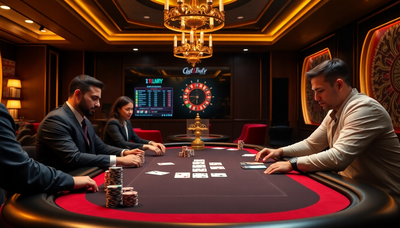 Players enjoying a thrilling poker game at https://www.11jili7.com/ casino, showcasing vibrant chips and cards.