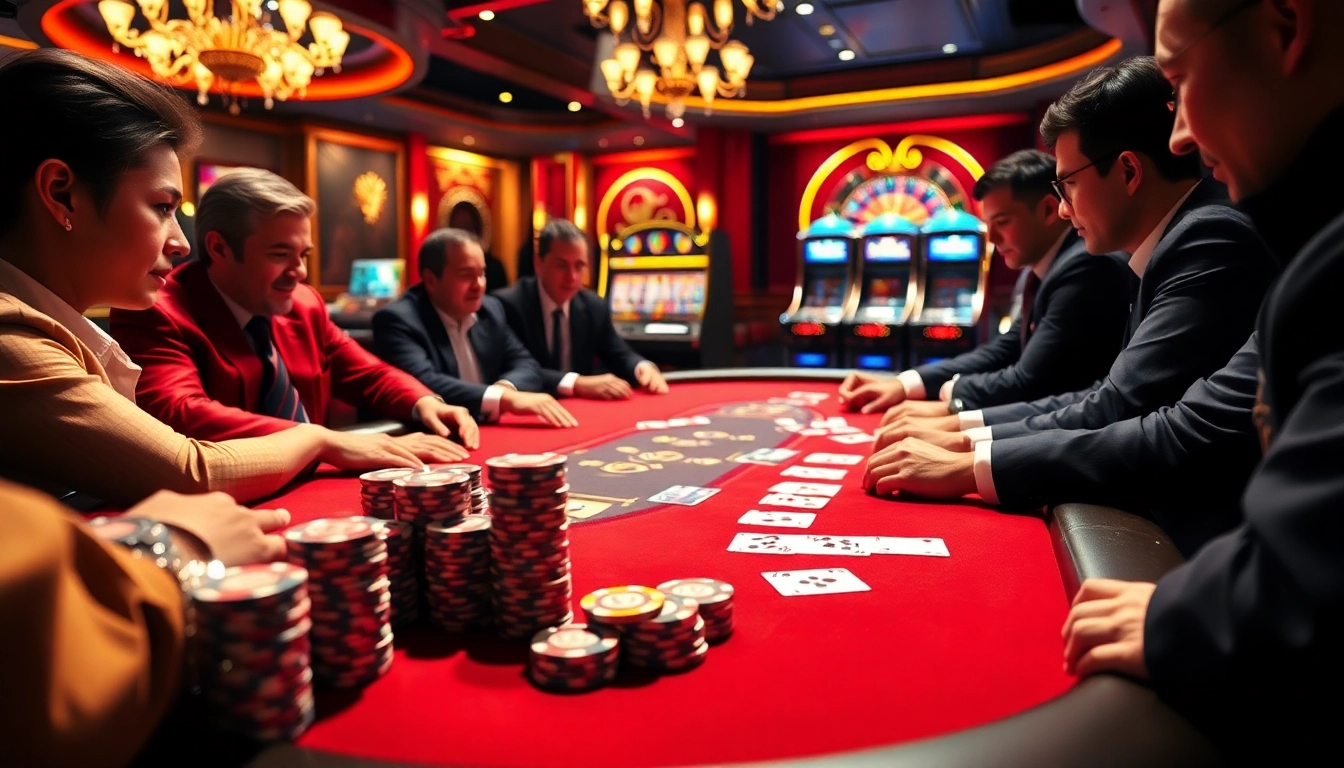 Experience thrilling poker action at https://mm88.agency/ with players strategizing over a vibrant casino table.