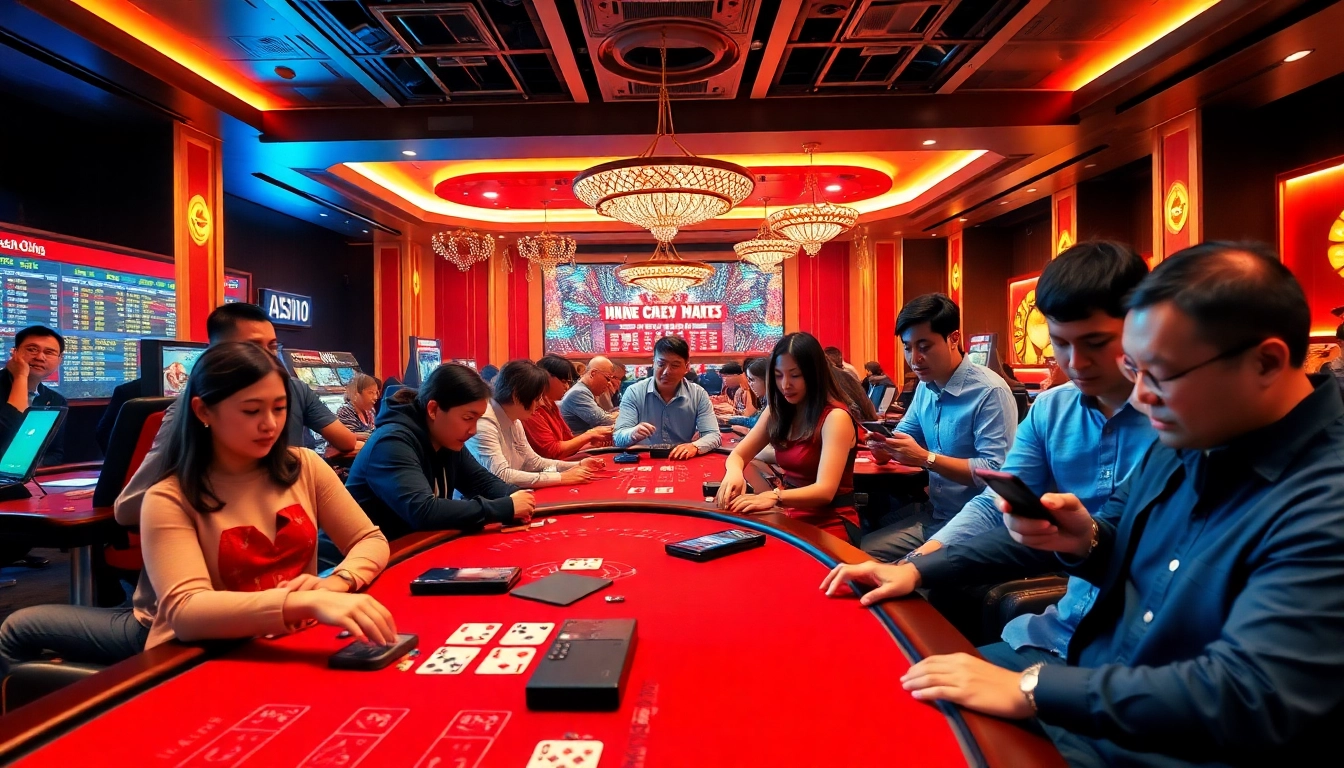 Exciting Go8 online casino scene with diverse players enjoying poker and Tài Xỉu.